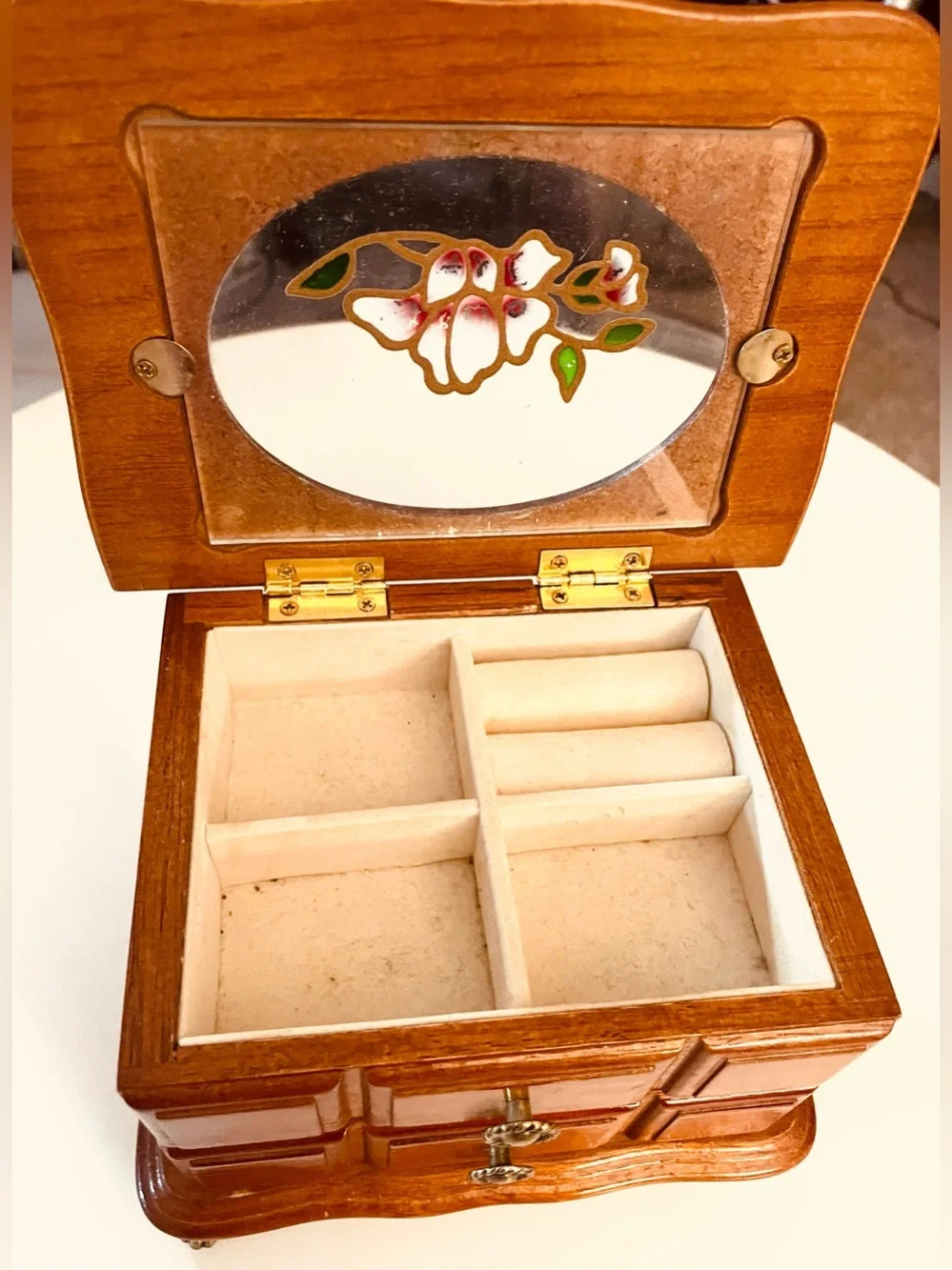 Vintage Jewelry Box with Floral Mirror - Brown